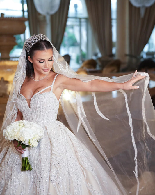 C2023-BG6622 - sleeveless beaded ball gown wedding dress with cathedral train