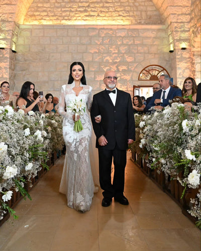C2023-LSL3366 - Vestido de novia transparente de encaje con pedrería y manga larga y velo