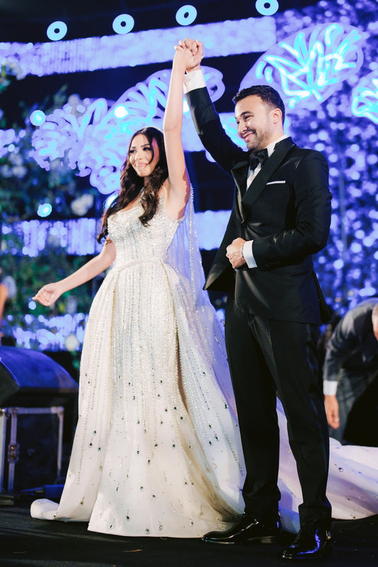 C2023-B2277 - sparkly beaded sheath style wedding gown with detachable overskirt train