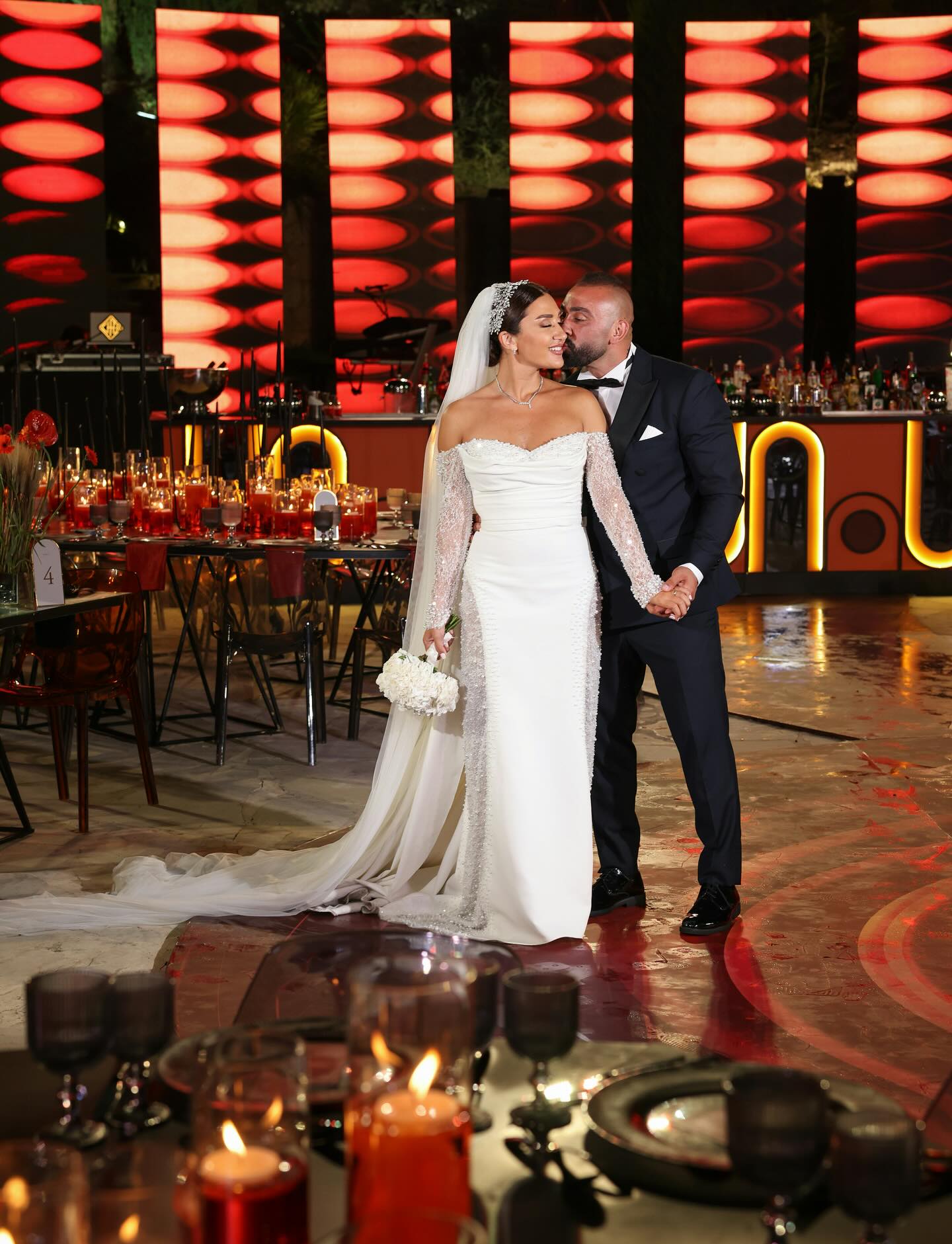 C2025-LS2882 - beaded off the shoulder sheer wedding gown with long sleeves