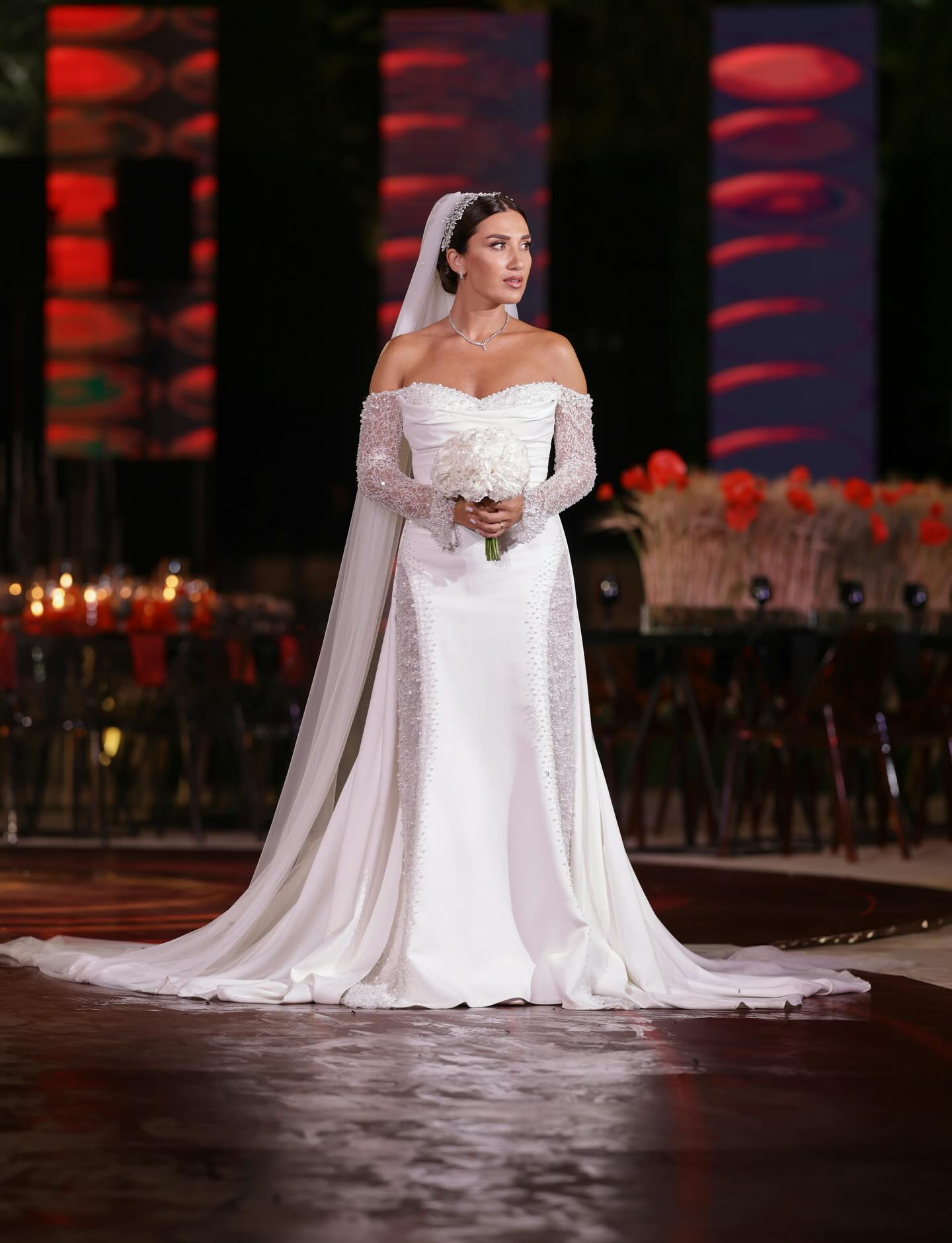 C2025-LS2882 - beaded off the shoulder sheer wedding gown with long sleeves