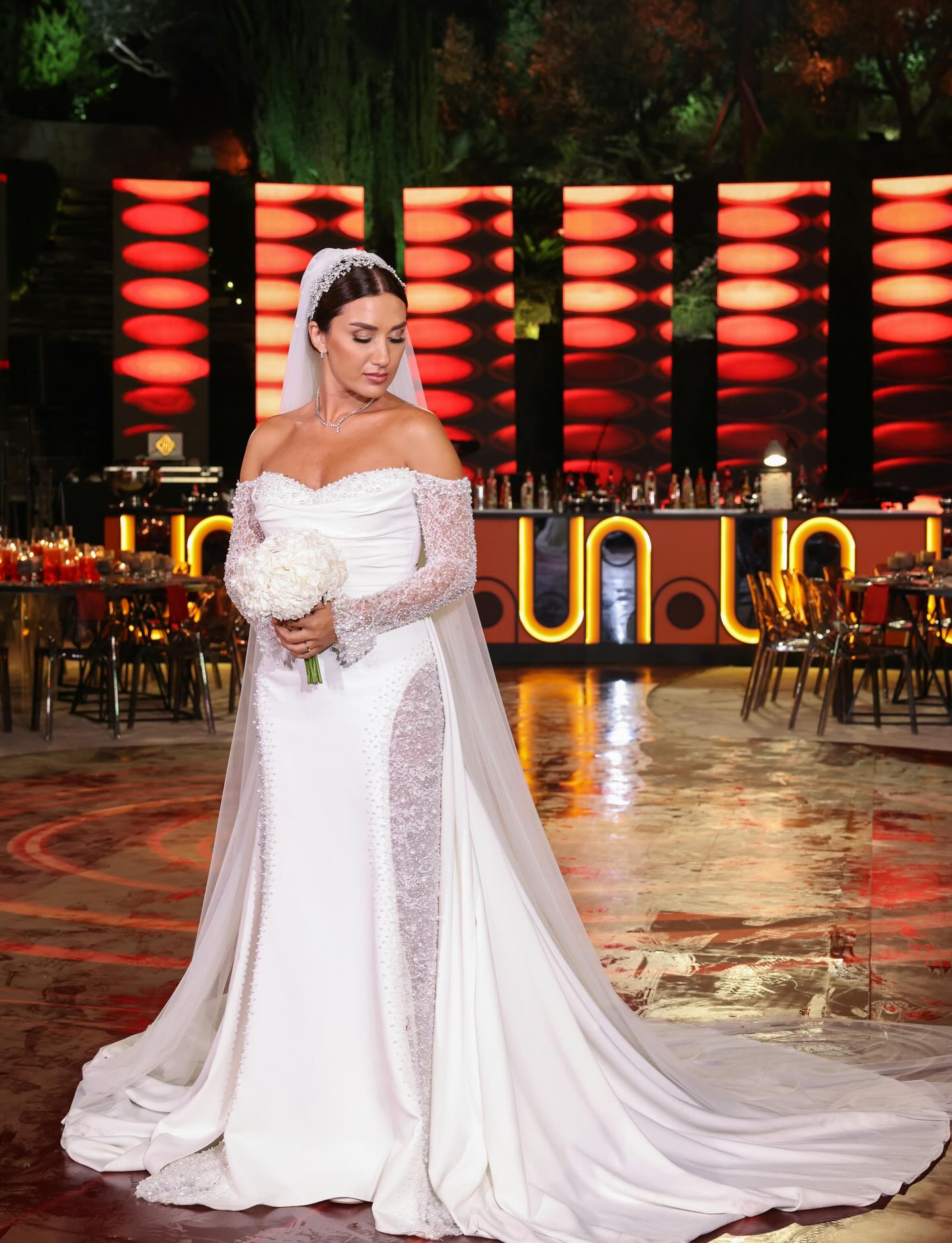 C2025-LS2882 - beaded off the shoulder sheer wedding gown with long sleeves