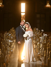 C2025-LS2882 - beaded off the shoulder sheer wedding gown with long sleeves