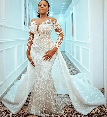 C2024-LSB78 - Vestido de novia transparente de pedrería, manga larga, escote ilusión y cola desmontable