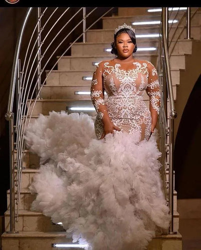 C2024-PLS8 - Plus Size fit-to-flare embroidered wedding dress with sheer long sleeves and illusion neckline
