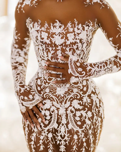 C2023-NLS2k - Sexy sheer nude long sleeve embroidered wedding gown