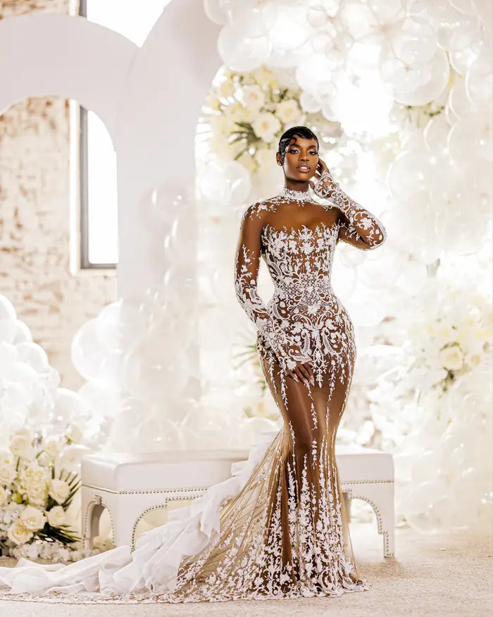 C2023-NLS2k - Sexy sheer nude long sleeve embroidered wedding gown Darius Couture C2023-NLS2k - Sexy sheer nude long sleeve embroidered wedding gown Darius Couture
