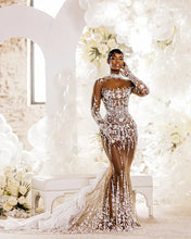 C2023-NLS2k - Sexy sheer nude long sleeve embroidered wedding gown