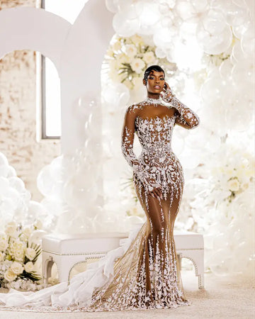 C2023-NLS2k - Sexy sheer nude long sleeve embroidered wedding gown Darius Couture C2023-NLS2k - Sexy sheer nude long sleeve embroidered wedding gown Darius Couture
