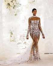 C2023-NLS2k - Sexy sheer nude long sleeve embroidered wedding gown
