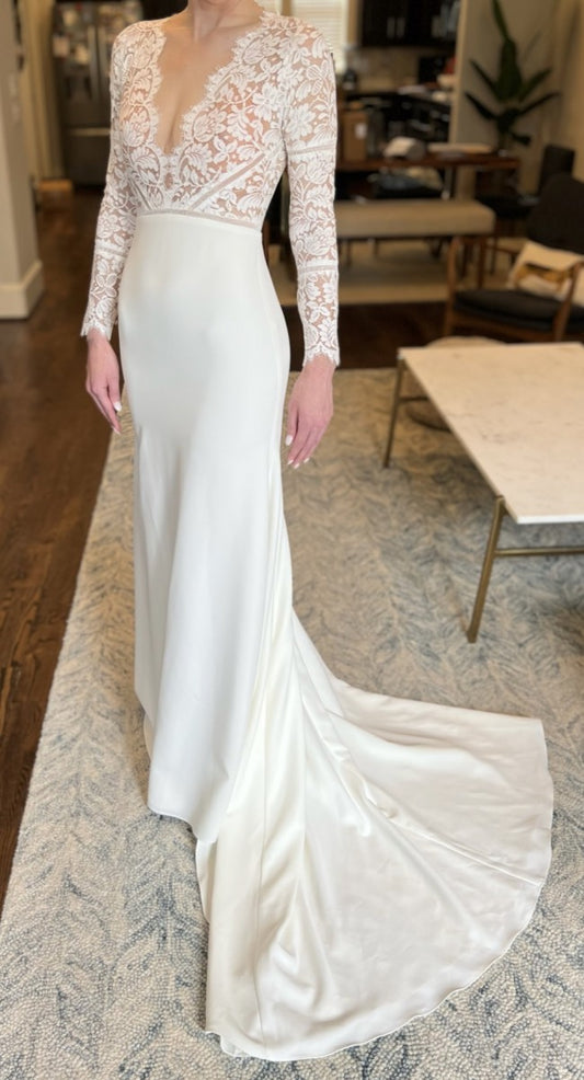 C2023-LSL44V - sexy sheer v-neck fitted long sleeve lace wedding gown with closed back
