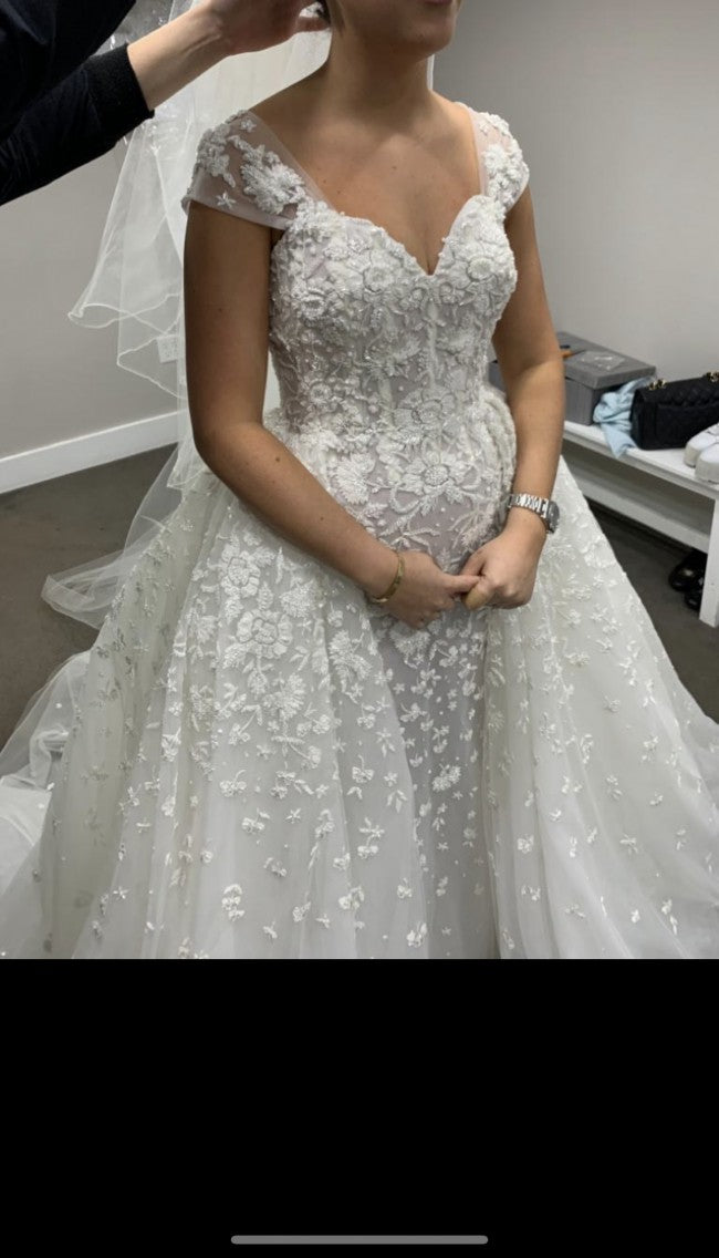 C2023-CS38B - beaded cap sleeve open neck line wedding gown with detachable ball gown train