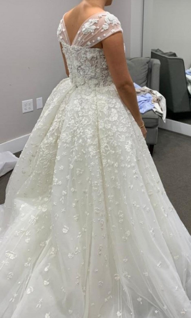 C2023-CS38B - beaded cap sleeve open neck line wedding gown with detachable ball gown train