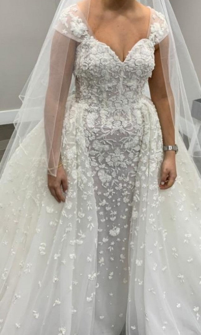 C2023-CS38B - beaded cap sleeve open neck line wedding gown with detachable ball gown train