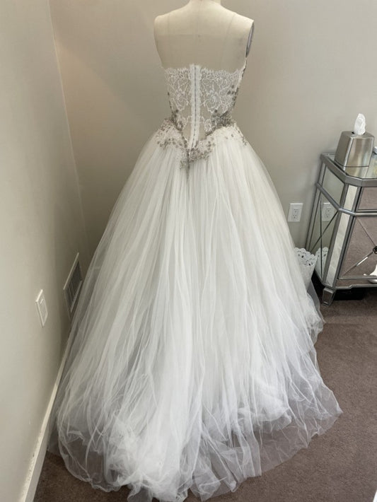 C2023-SBG7 - encrusted beaded lace strapless sweetheart organza ball gown wedding dress