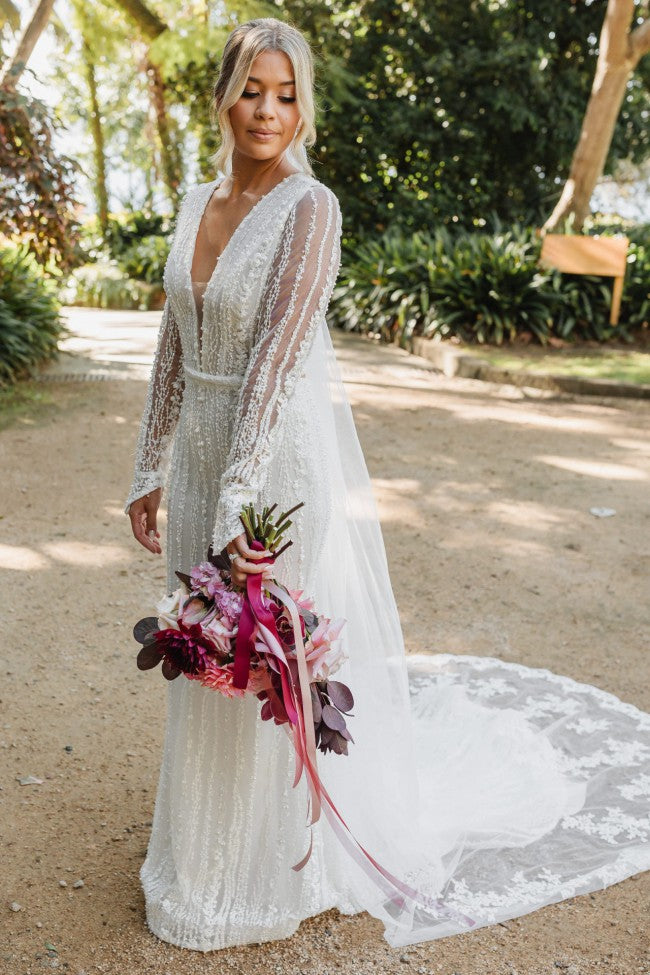 C2023-VLS19b sexy v-neck long sleeve beaded wedding gown