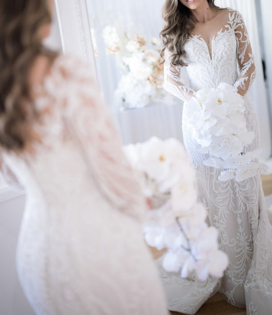 C2023-LSB770S - sheer long sleeve beaded designer wedding gown with cathedral train