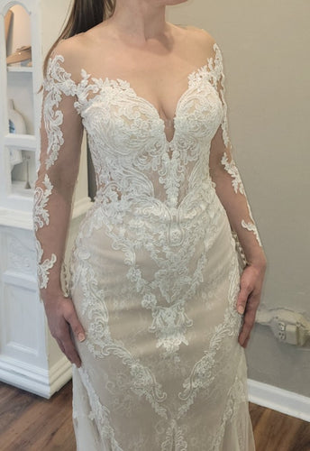 C2023-LS007B - vestidos de novia de encaje de manga larga transparente con escote ilusión