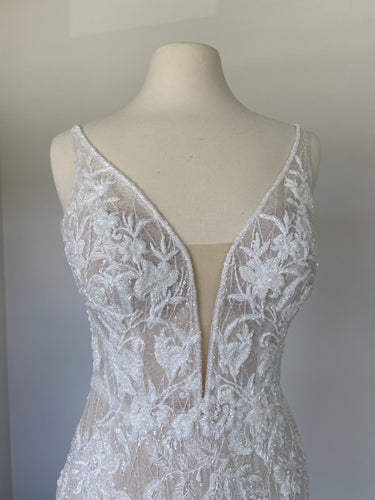 C2023-LV82f - sleeveless v-neck fitted lace wedding gown with cathedral train