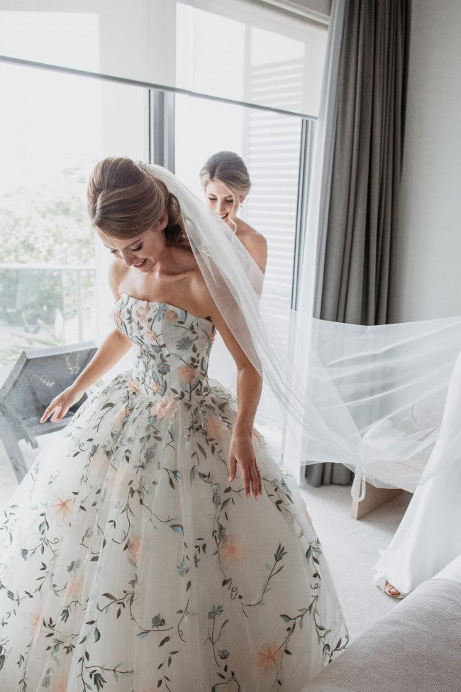 C2023-SA813 - strapless a-line ball gown wedding dress with colored embroidery