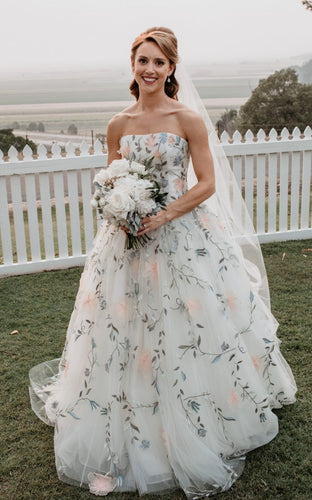 C2023-SA813 - strapless a-line ball gown wedding dress with colored embroidery