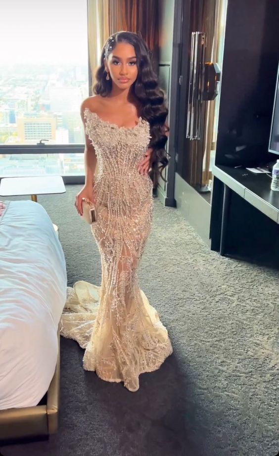 C2023-CB88P - strapless swarovski crystal beaded sheer evening gown