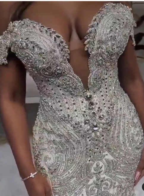 C2022-FF787 - off the shoulder fit-to-flare wedding gown with swarovski crystal beading and ruffle tulle mermaid skirt