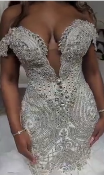 C2022-FF787 - off the shoulder fit-to-flare wedding gown with swarovski crystal beading and ruffle tulle mermaid skirt