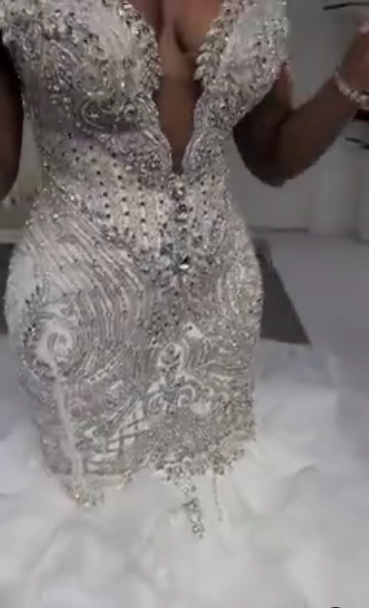 C2022-FF787 - off the shoulder fit-to-flare wedding gown with swarovski crystal beading and ruffle tulle mermaid skirt