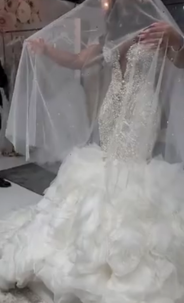 C2022-FF787 - off the shoulder fit-to-flare wedding gown with swarovski crystal beading and ruffle tulle mermaid skirt