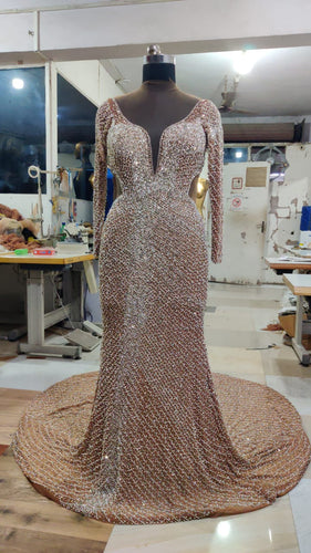 C2023-SWeeks - Nude colored crystal beaded plus size long sleeve wedding gown