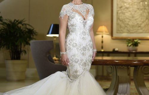 C2025-GL11 - fit-to-flare cap sleeve bling beaded wedding gown