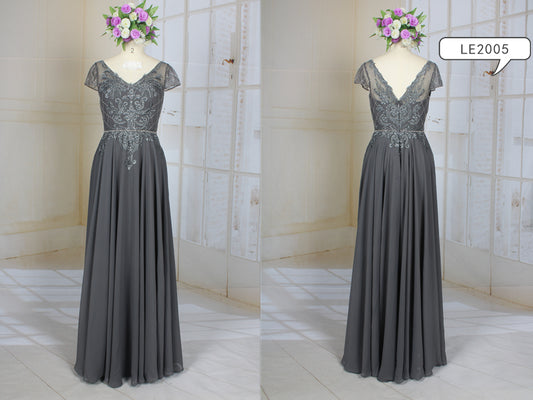 LE2005 - short cap sleeve platinum grey mother of the bride evening dress