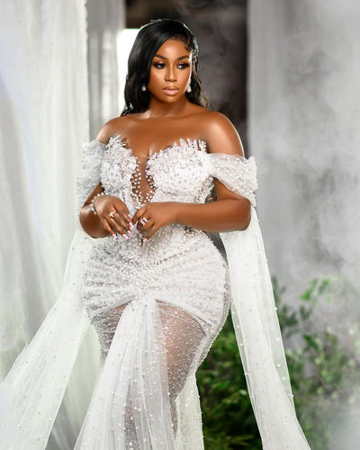 C2023-OS35P - off the shoulder fitted plus size beaded wedding gown