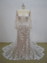 Style MA21015 - Nude sheer illusion long sleeve lace wedding gown