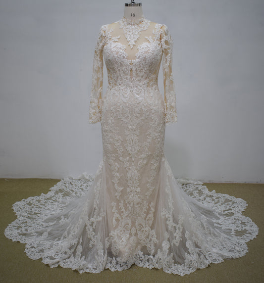 Estilo MA21047 - Vestido de novia tradicional de encaje y manga larga con pedrería
