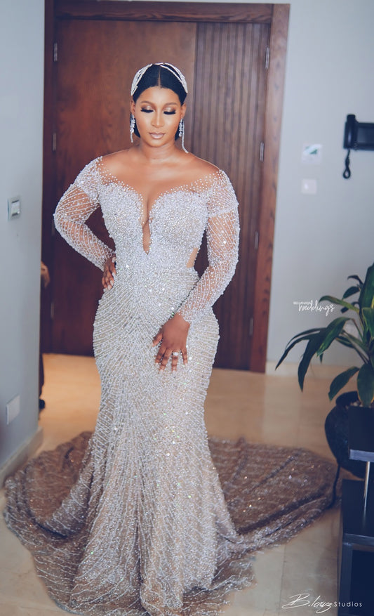 C2022-BB28x - Robe de mariée en perles de cristal Swarovski avec manches longues élégantes