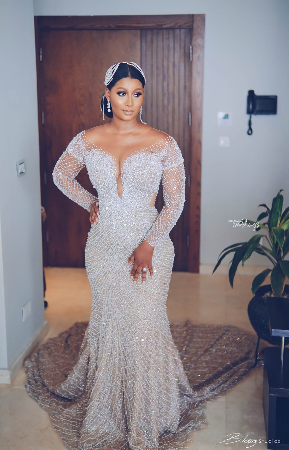 C2022-BB28x - Swarovski Crystal beaded Pageant Gown w Elegant long sleeves