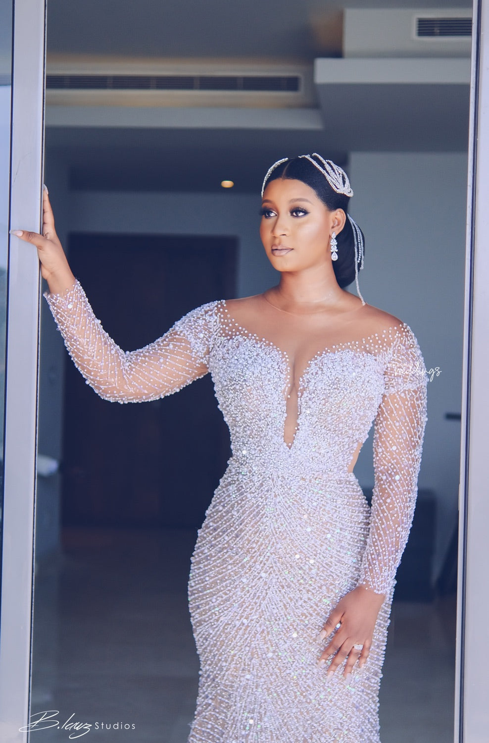 C2022-BB28x - Swarovski Crystal beaded Pageant Gown w Elegant long sleeves