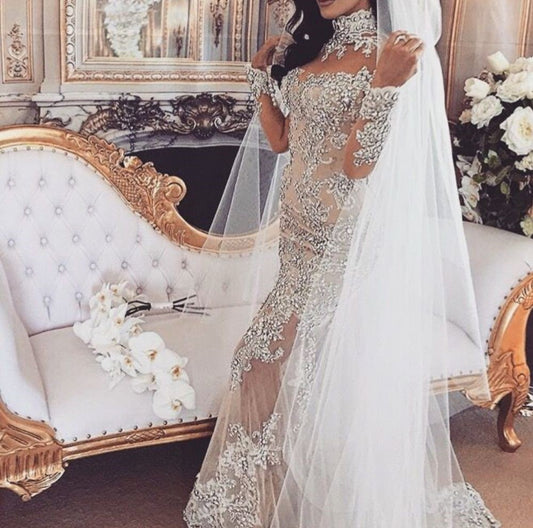 C2020 - BLS989 - swarovski crystal beaded long sleeve illusion neckline wedding gown with detachable over skirt train