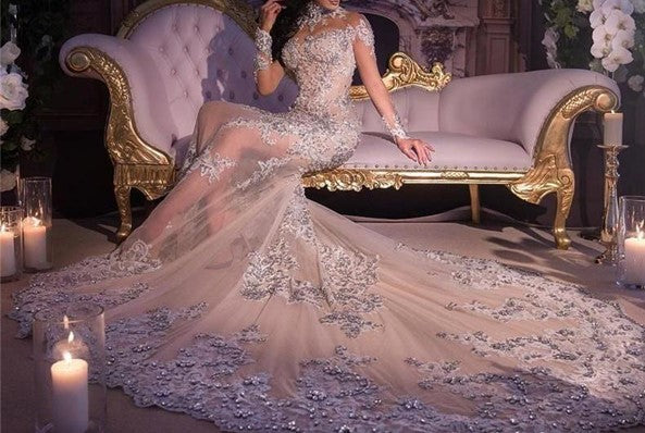 C2020 - BLS989 - swarovski crystal beaded long sleeve illusion neckline wedding gown with detachable over skirt train