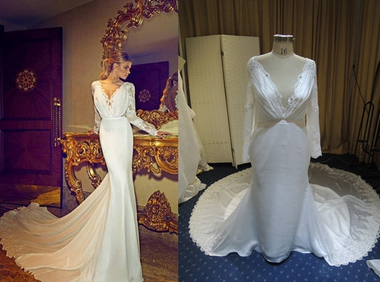 Style #C2015-KBls - Replica of long sleeve v-neck wedding gown