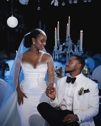 C2023-SLS751 - sheer swarovski crystal beaded long sleeve off the shoulder wedding gown