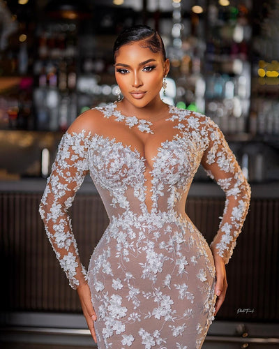 C2023-SLL331 - sheer illusion neck line long sleeve wedding dress with cathedral train