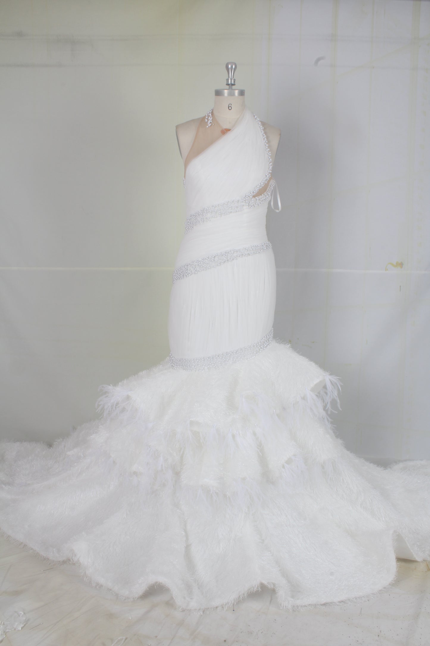 C2022-Vintea - halter fit-and-flare wedding gown with tiered ostrich feather train