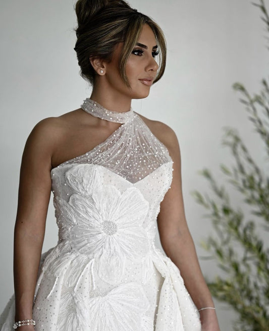 C2023-HBG28 - sleeveless ball gown wedding dress w halter neckline & split