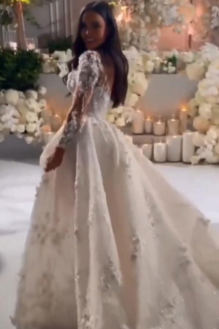 C2024-LSV11 - Vestido de novia transparente de manga larga con escote ilusión y abertura en la pierna