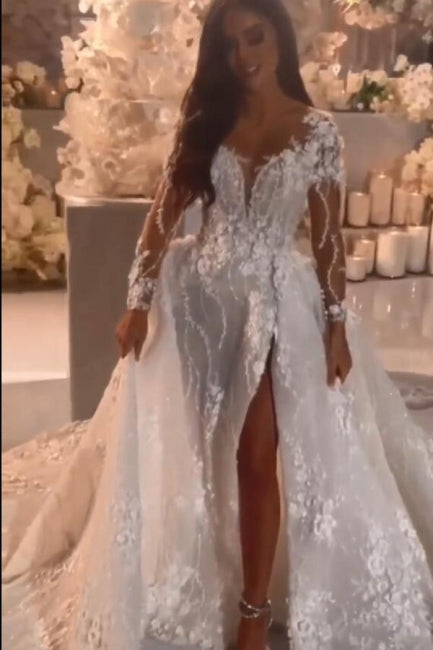 C2024-LSV11 - Vestido de novia transparente de manga larga con escote ilusión y abertura en la pierna