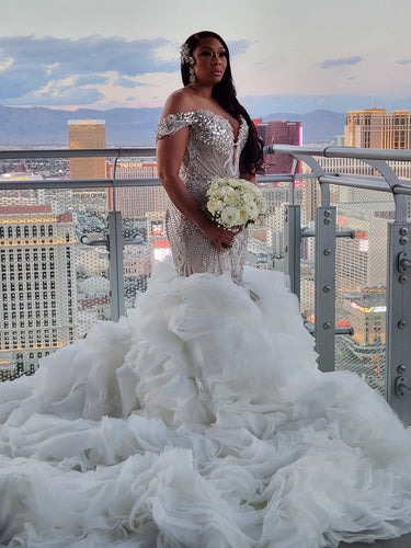 C2023-SC602 - off the shoulder swarovski crystal beaded fit-to-flare wedding gown