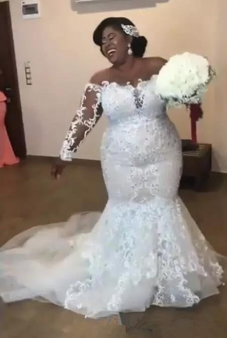 C2023-LS40b - sheer illusion long sleeve plus size fit-to-flare lace wedding gown